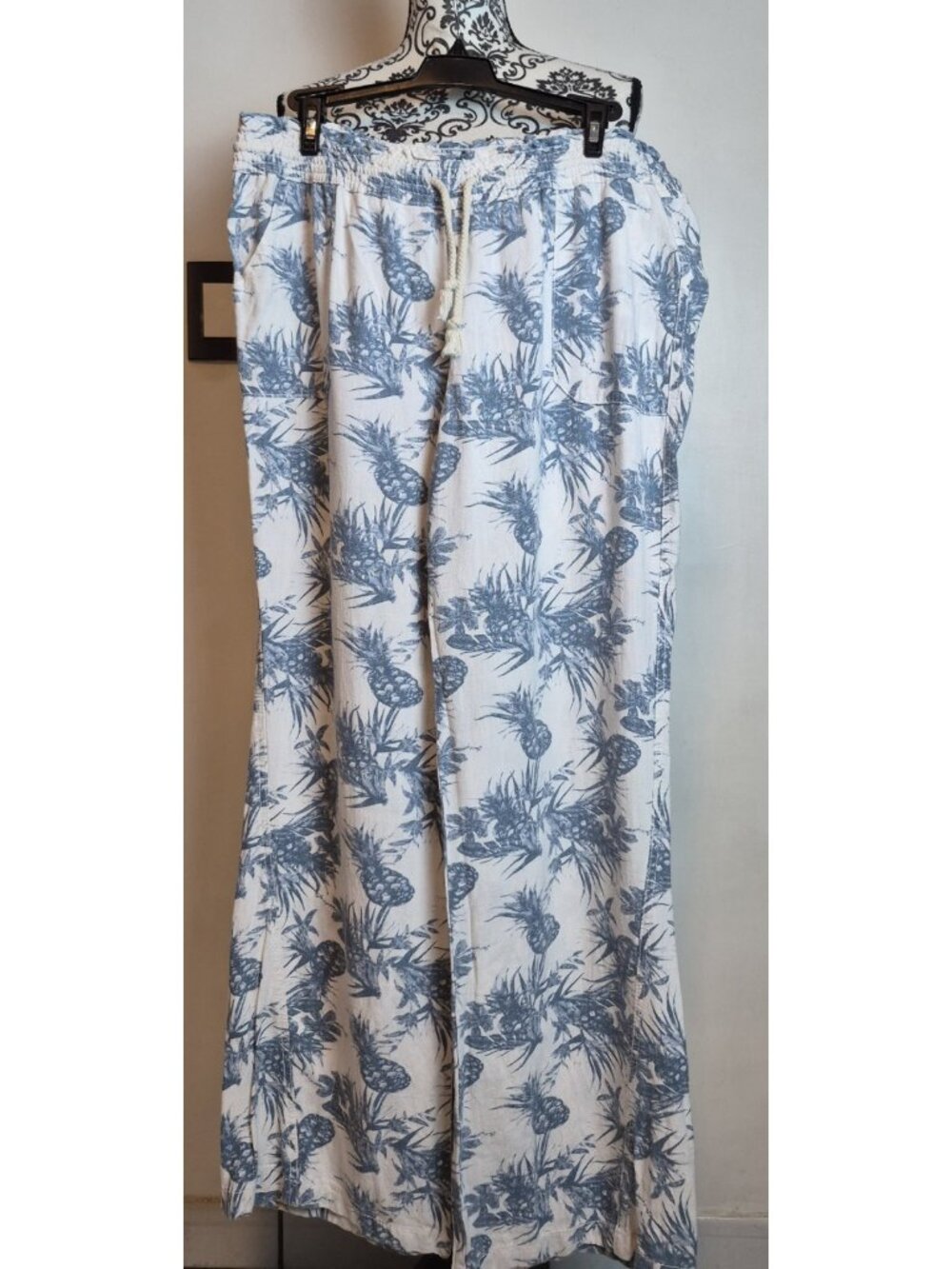 Cali 1850 Wide Leg Linen Blend Pants Women's XL Blue Pineapple Toile Print